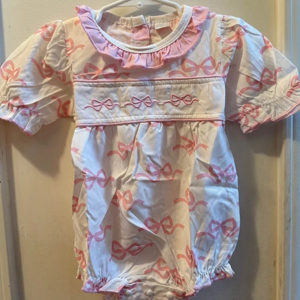 New Embroidered Pink Ribbon Bubble Romper